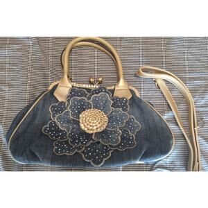 Women's denim casual handbag- flower & crystal embellishments- excellent